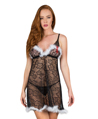 (Black) Feather Trim Floral Lace Babydoll Chemis