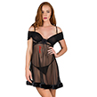 (Black) Fur Trim Ruched Chemise with G-String Th