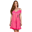 (Hot Pink) Fur Trim Ruched Chemise with G-String